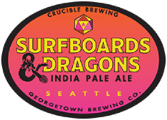 Surfboards and dragons IPA tap label
